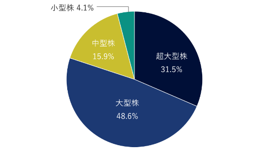 超大型株31.5%、大型株48.6%、中型株15.9%、小型株4.1%。