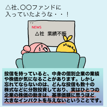 投信を持っていると、中身の個別企業の業績や株価が気になることがあります。しかし忘れてならないのは、どんな投信も数十の株式などに分散投資しており、実はひとつの企業の株価の動きは、基準価額に思うほど大きなインパクトを与えないということです。