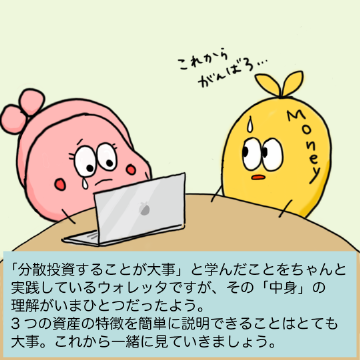「分散投資することが大事」と学んだことをちゃんと実践しているウォレッタですが、その「中身」の理解がいまひとつだったよう。3つの資産の特徴を簡単に説明できることはとても大事。これから一緒に見ていきましょう。