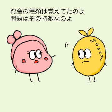 資産の種類は覚えたけれど、問題はその特徴。