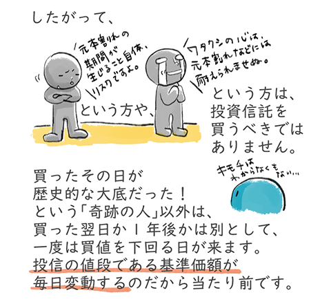 したがって、「元本割れ自体がリスク」「元本割れに耐えられない」という方は、投資信託を買うべきではありません。買ったその日が歴史的な大底だった!という「奇跡の人」以外は、買った翌日か1年後かは別として、一度は買値を下回る日が来ます。投信の値段である基準価額が毎日変動するのだから当たり前です。