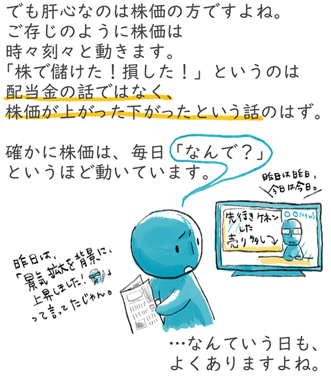 でも肝心なのは株価の方ですよね。ご存じのように株価は時々刻々と動きます。「株で儲けた!損した!」というのは配当金の話ではなく、株価が上がった下がったという話のはず。確かに株価は、毎日「なんで?」というほど動いています。