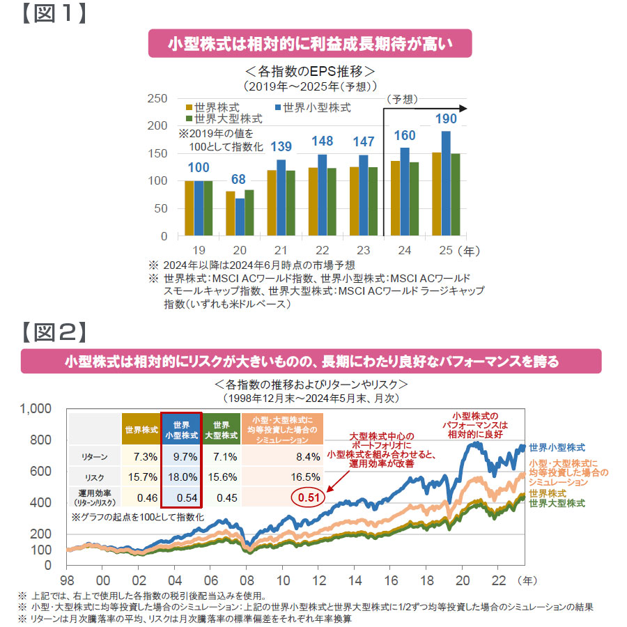 【図表】[図1]小型株式は相対的に利益成長期待が高い、[図2]小型株式は相対的にリスクが大きいものの、長期にわたり良好なパフォーマンスを誇る