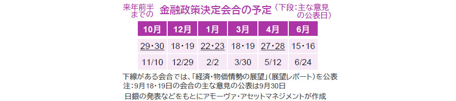 【図表】来年前半までの金融政策決定会合の予定（下段：主な意見の公表日）